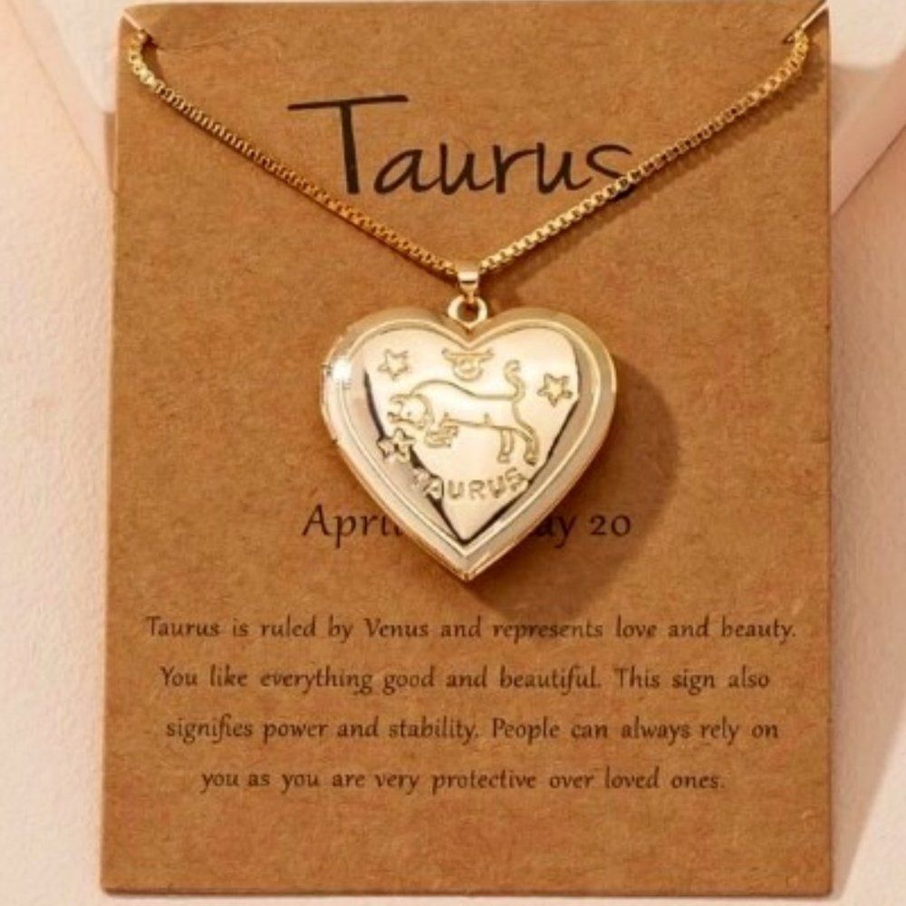 TAURUS GOLD ZODIAC HEART LOCKET NECKLACE
